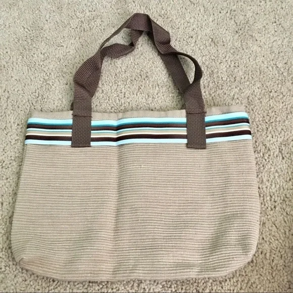 Handmade Small Tan Brown Aqua Ribbed Tote Bag - Picture 3 of 4